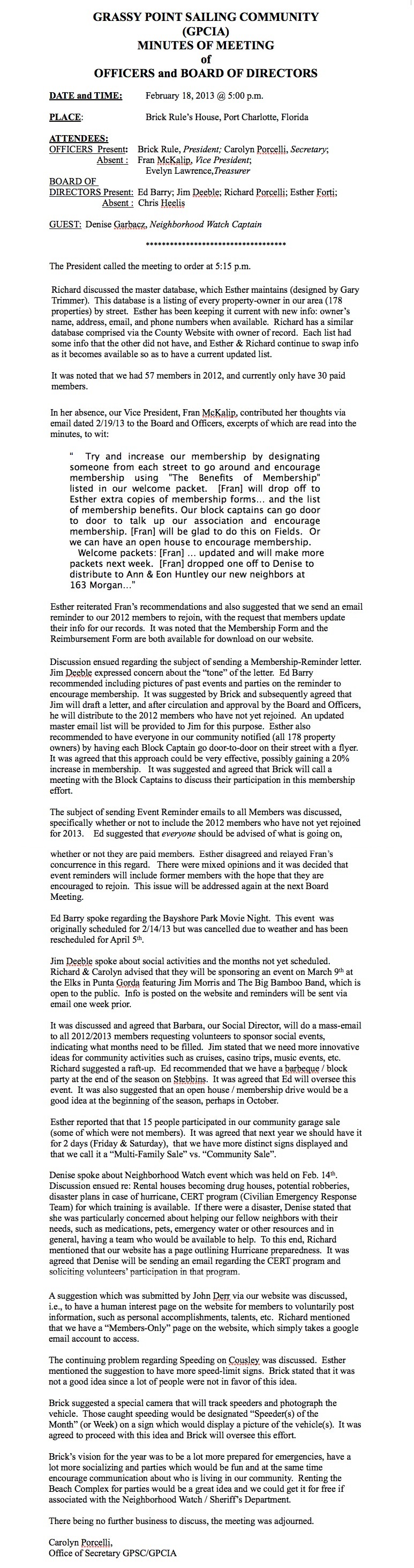 February 18, 2013 Minutes