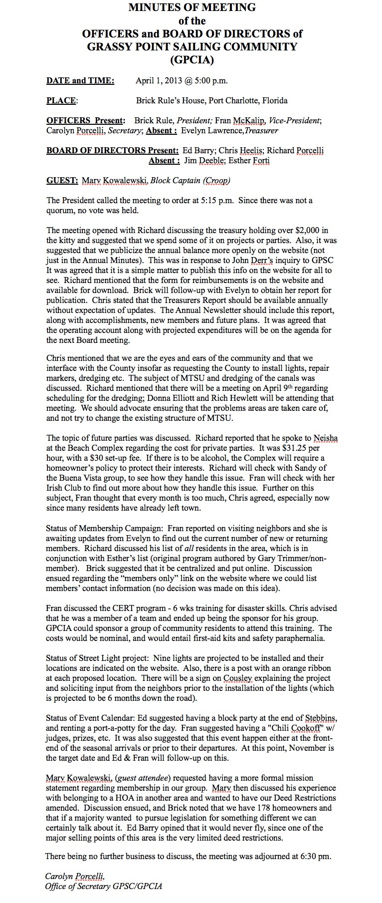 April 1, 2013 Minutes